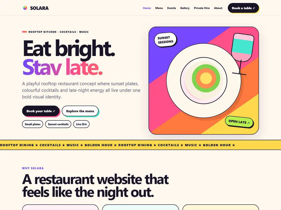 SOLARA Rooftop colourful hospitality website concept